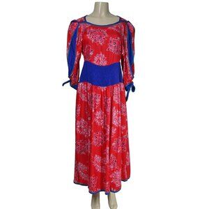 VTG JEANNE MARC 8 Art to wear 80s Floral Boho Midi Maxi Red Rockabilly Dress